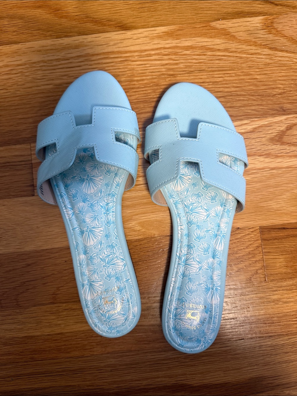 crown & ivy Light Blue Slide Sandals with Floral Insole